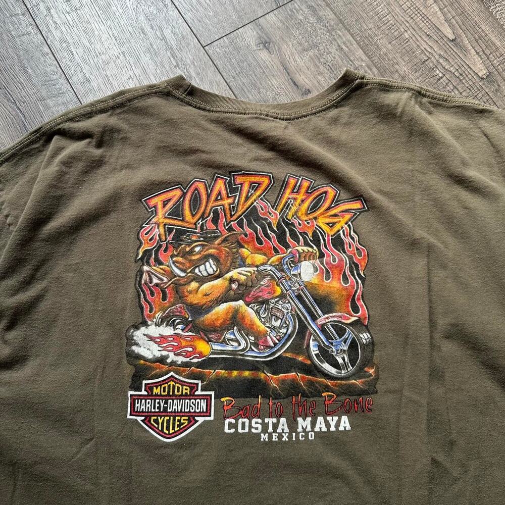 Vintage 00s Olive Harley Davidson USA Biker Road Hog Flame Shirt